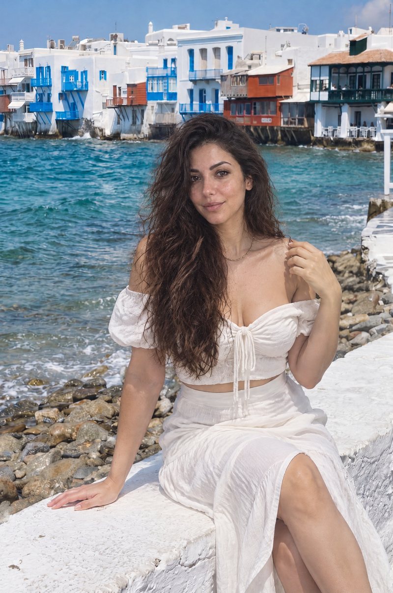 Her in Mykonos in a white top by the sea