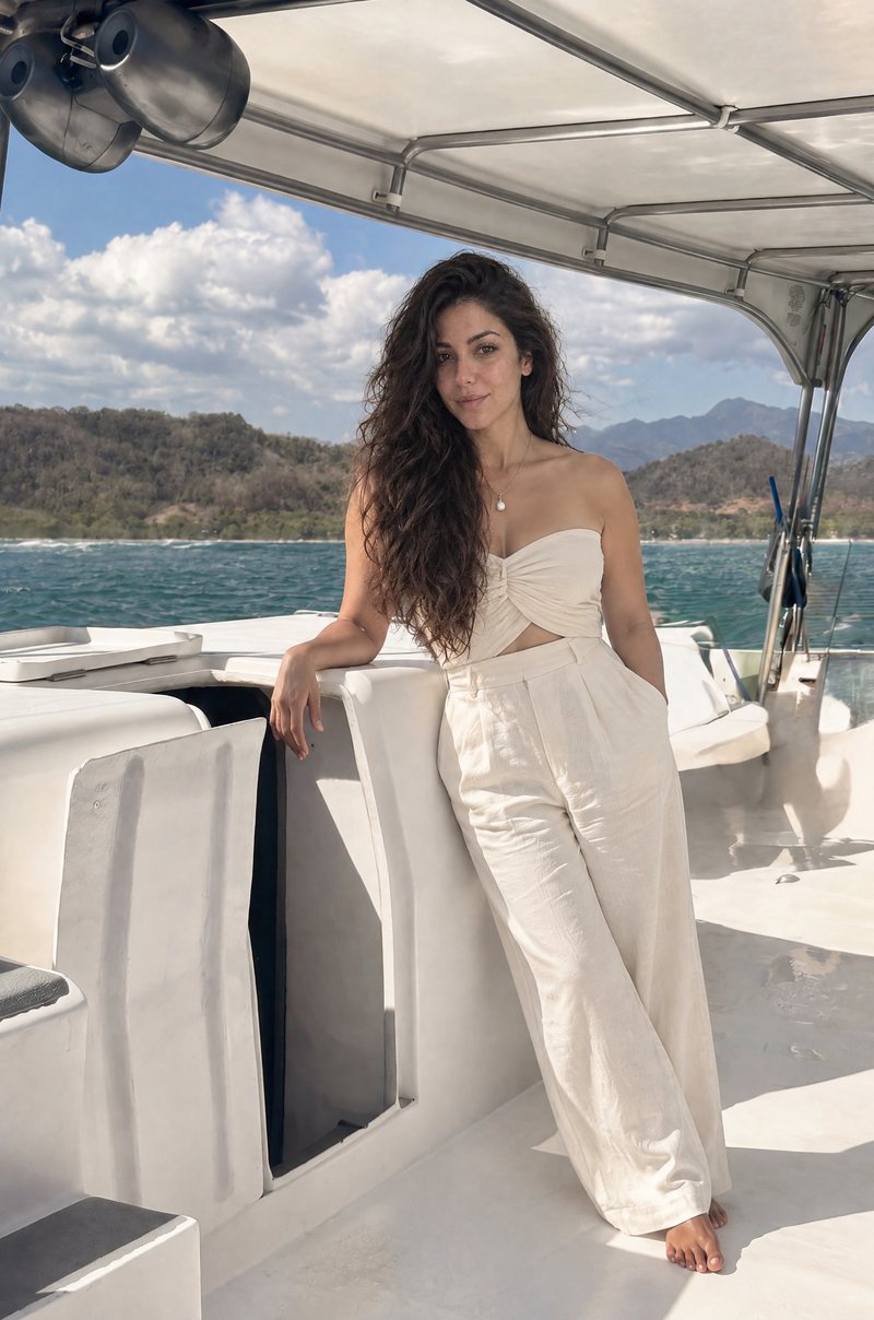 On the deck of a yacht in white