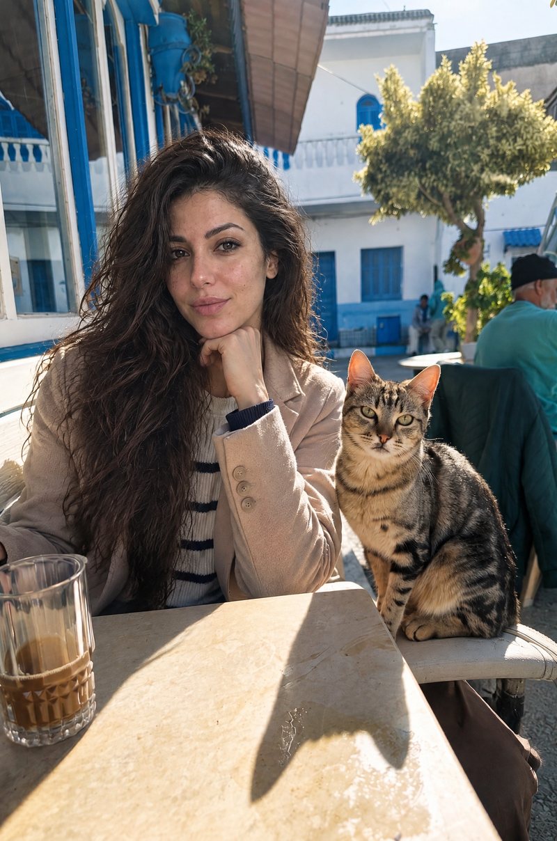 At a café in Greece with a cat on the chair