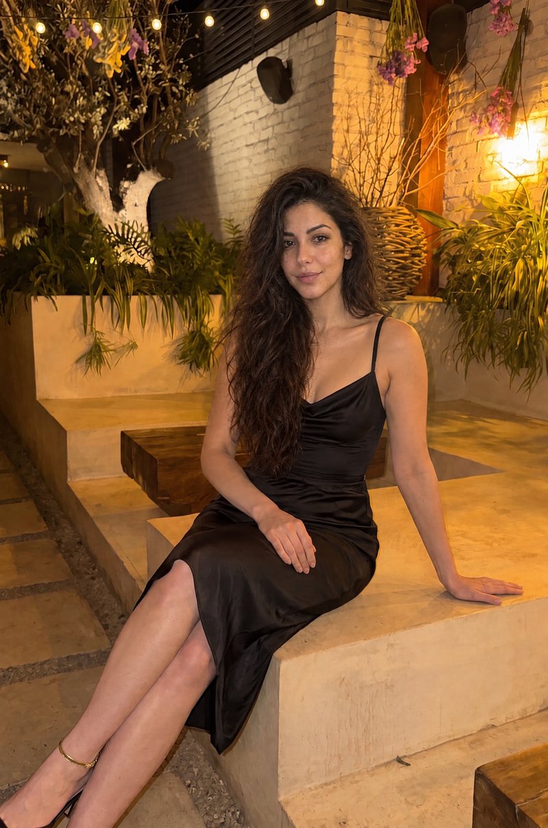 Evening out in a black slip dress
